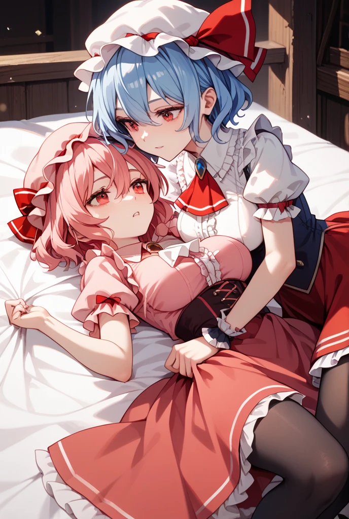 score_9, score_8_consolation, score_7_consolation, score_6_consolation,source_japanese cartoon movies,
,hug, Leg locks, toe_together, wrapped_dead body,2 women, lying down,naughty face, saliva, saliva trail, in bed,
break
,lamb, hair flower, headdress, hair above one eye, pink hair, red eyes, Short hair, x headdress, break
,Rem, blue eyes, blue hair, headdress, hair above one eye, hair ribbon, Short hair, x headdress,