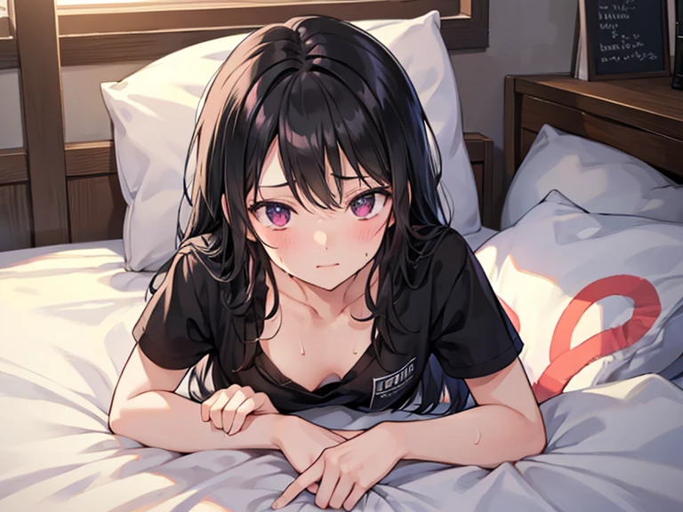 A young woman with dark hair who has dropped out of elementary school, has been a recluse for many years, is unemployed, and is bedridden with depression, and lies in bed all day