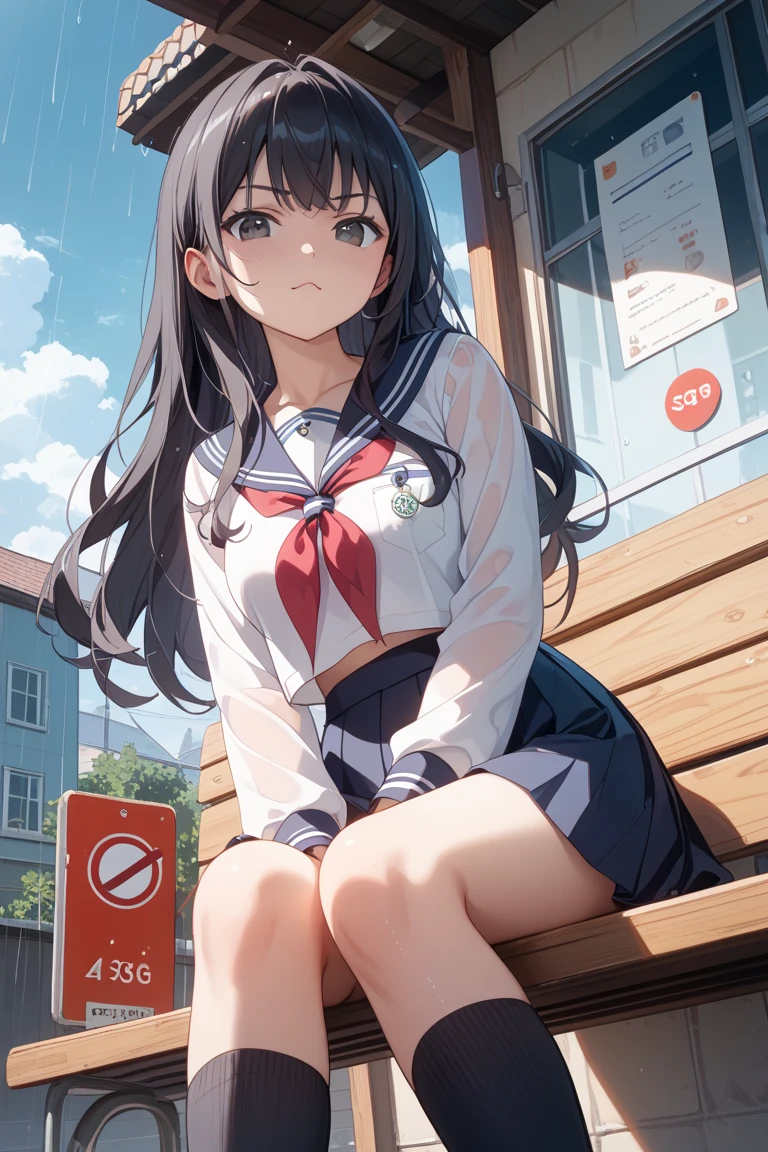 woman posing for a photo, shy smile, Happy, long hair, straight hair, fine skin, beautiful hands, beautiful fingers, Wearing a beret, tie, short sleeve blouse, pleated skirt, thighs, Absolute area, knee socks, during the day, hot summer day, School, schoolyard, sitting on the bench, Canned juiceを持っている, Natural light, detailed face:1.2, sharp focus, Hasselblad Photos, masterpiece, light makeup, cinematic lighting, 4k, highest quality, sharpness, anime style, whole body, Canned juice,