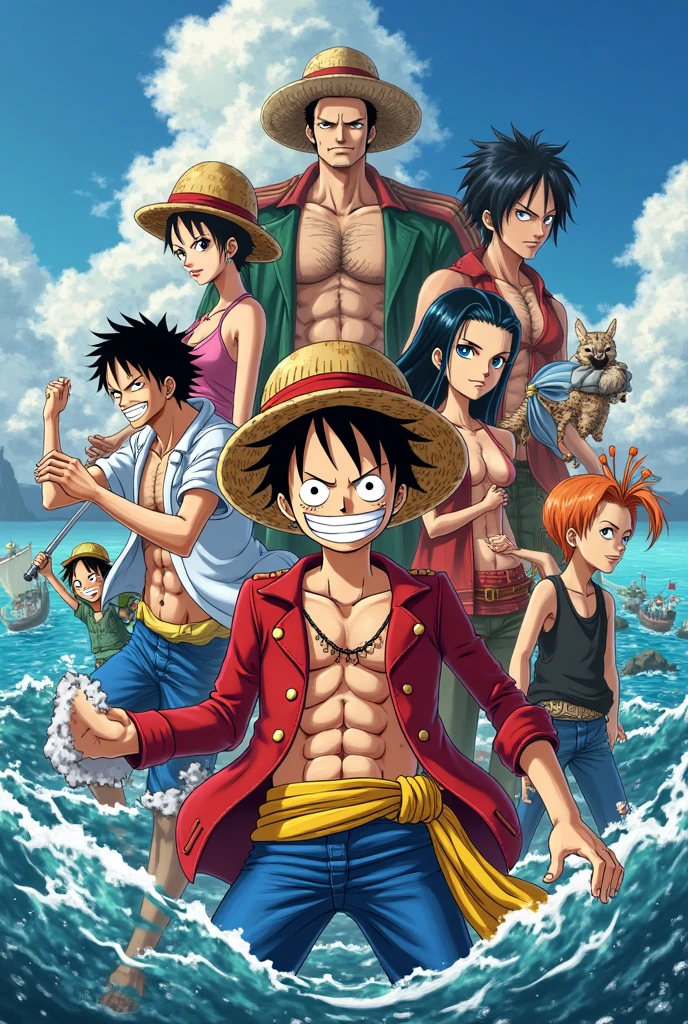 Personagens de one piece, (Monkey D. Luffy, Roronoa Zoro, Nami, Sanji, Nico Robin, Shanks, Usopp, Kaido, Coby ,Tony Tony Chopper), (tempestade de detritos de poeira ventosa:1.1) Volumetric mist mist ray tracing z pass bright light from below, (obra-prima) (melhor qualidade) (detalhado) (4k) (cinematic lighthing) (foco nítido) (intrincado)