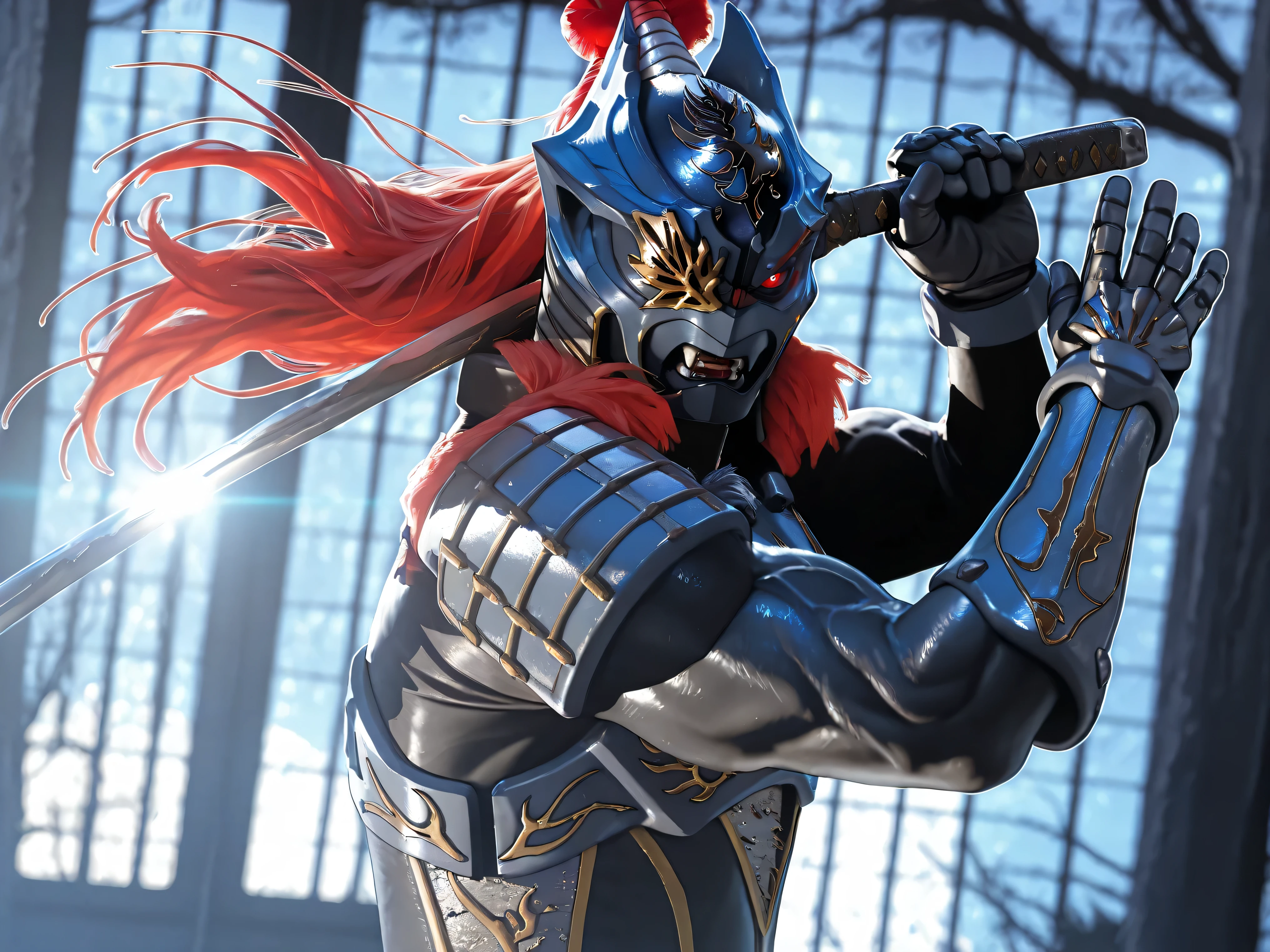 nsfw, furry male, shiny skin, (Zamushar), red hair, (pitch black body manly, masculine, mature, muscular, defined muscles, bara), white pupils, fangs, uneven eyes, (one-eyed), chest armor, waist armor, Gauntlets, (muscular), leg guard, sword guard stance, sword, weapon, solo, katana, holding, holding weapon, holding sword, looking at viewer, high collar, upper body, dynamic pose, vibrant colors, floating hair, BREAK, (dutch angle), (blurry background), dynamic lighting, rim lighting, dawn, BREAK, masterpiece, best quality, official art, detailed, 4K, 8K, realistic, game cg, ultra-detailed, beautiful detailed eyes, very aesthetic, IllusP0s, 