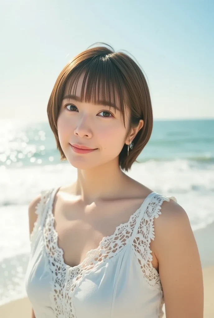 Top quality, realistic, perfect human body structure, very detailed, very delicate and beautiful, RAW photography, beach, professional lighting, luminescence, depth of field, single focal, full body, Skinny Japanese lady, 30 year old lady, brown hair, small head, beautiful eyes, real face, realistic skin, detailed eyes, (fashionable hairstyle: 1.3), sexy pose, absurderes, Incredibly Ridiculous res, Extremely fine, Blouse