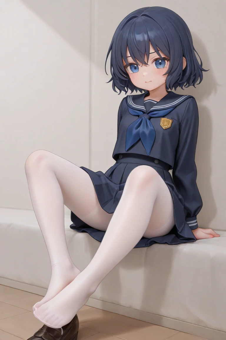 ( best quality:1.1), school uniform, 1girl, anime face, straddling, panties under pantyhose, shy, Detail texture,full body, photo background, from below, panties focus,