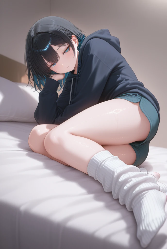 (Highest quality), (masterpiece), 1080P, High resolution, 4K, 8k, Thigh straps, Shooting from directly below, The woman on top of me, Nipples, 白いSweat, Covered , Sweat, Woman looking down, Micro Bikini, Skirt swimsuit, Thigh-high socks, To achieve this, , Small breasts, whole body, Black leather shoes, Braided hair, Inner Color, Embarrassed face, Short black hair, bracelet, Bedroom,celestial body_Vest