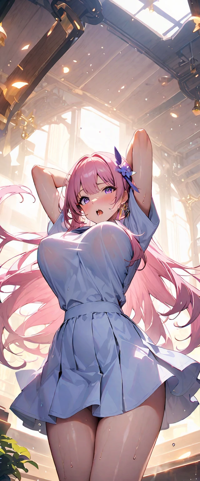((masterpiece)), ((best quality)), (ultra-detailed), NSFW, ((underground)),((severe torture)),(((hemp rope strongly bound waist))),a cute girl, 1girl, solo, (white mini tanktop dress),(both wrists tied above the head ), (both wrists hung from the ceiling),((thin waist)),large breast, slim, slender, ((bdsm)),beautiful pink hair, beautiful blue eyes, (beautiful eyes), long hair,troubled expressio
