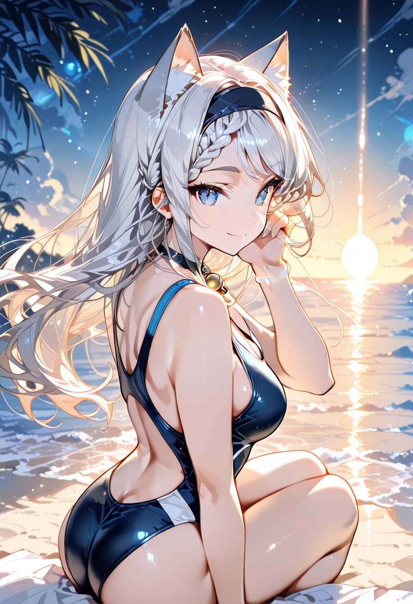 masterpiece、ultra-quality、ultra-detailliert、Perfect drawing、独奏、girl with、((Cute swimsuit))、(Round and cute buttocks)、((bulging bust top))、red blush:(0.2)、perspiring、darkskin:(1.5){{{Sunburn marks:(1.5)}}}、A smile、18year old、blue-sky、cumulonimbus clouds、glowing sun、shores、sand beach、Shot from diagonally below the back、bustup、see -through、beatiful backgrounds、Accurate drawing、Detailed drawing