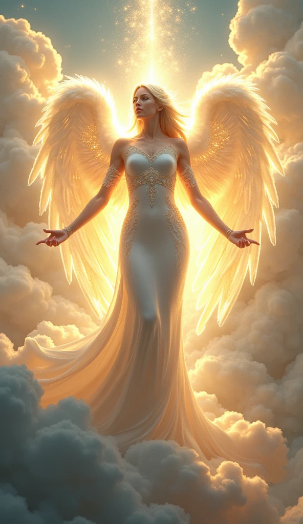 Beautiful and noble angel, (((Wearing a sheer white and gold Greek dress, 2 large angel wings))), (((Blonde short cut, Small breasts, Tight waist, Beautiful legs))), ((Spread your legs wide:1.4)), (((Against the Sun, In heaven))), Very detailed