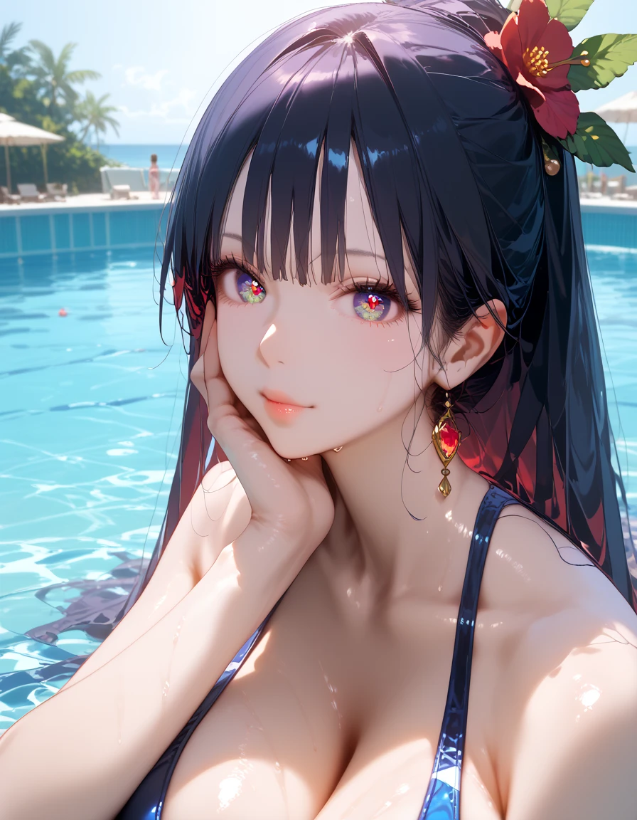 (((masterpiece))), (((portrait))), Kujou Sara, diffused light, dynamic shadow, sharp focus, realistic, Get used to it, High resolution, Confused, white background, No bra, photorealistic, lively, Wet, mascara, blush, young woman, (((~ ~ ~ ~ ~ side))), (((nudist))), Black Hair、long hair、bangs、the cutest in the world、Two-dimensional beautiful girl、Look forward、viewers are watching、Sexy appearance、perfect ratio、Perfect beauty、big breasts、Two-dimensional beautiful girl、the cutest in the world、Sexy appearance、Looking at the audience、Look forward、whole body、Show off your pink nipples、highest quality、all limbs、Woman in swimsuit with perfect fingers、美しいbig breasts、brown haired woman、straight hair、Woman with waist-length hair、Woman in blue and red competitive swimsuit、Big smile、naughty pose