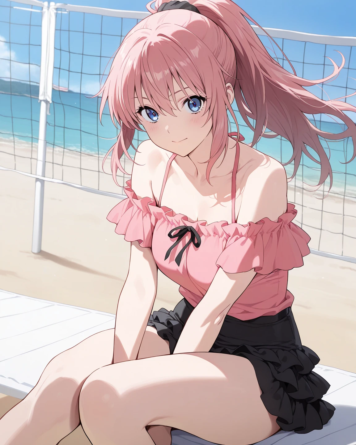 (anime artwork, anime style, studio anime, very detailed, up to date, vibrant, Anime Coloring, high contrast, masterpiece:1.2, best quality, best aesthetics),2 girl,hug from behind,swim suits, Medium chest, A glimpse of thighs,random hair, One eye is hidden by the bangs, perfect proportions, high detail skin, Cute, detailed faces,beach, precise fingers,curvy,swim suits crowd