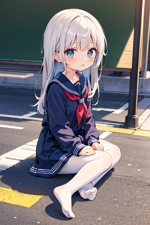 forehead,twintail hair,white hair,blue eyes, and 120cm,school sailor uniform with dark black pantyhose, Pocari Sweat TV commercial style, junior high school girls' youth, refreshing,forehead,In the schoolyard, with an angle from the sky,Hydration, have a blue plastic bottle, sports drink,sweaty,