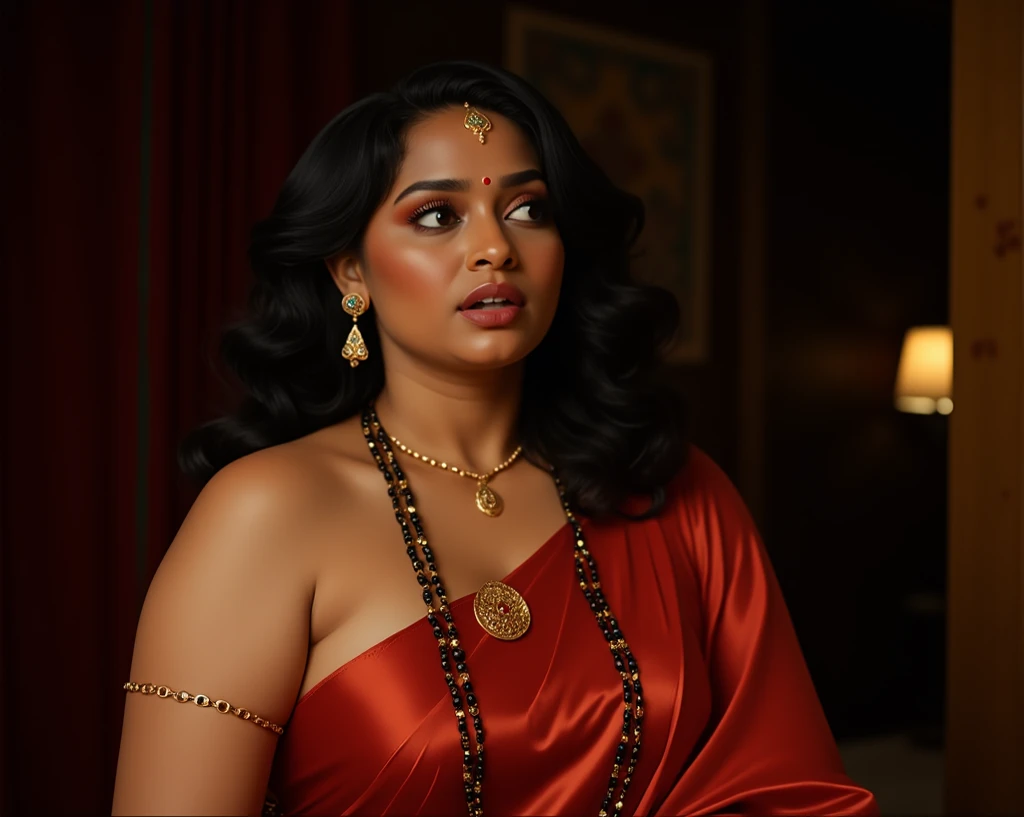 Looks like Indian Actress Anu Sithara, a close up of a woman in a red dress on a runway, inspired by Avigdor Arikha, sleek!!!, indian super model, wavy hair combed to one side, actress, by Jitish Kallat, smoldering, intense smoldering, fashion, an angel, print ready, with a dramatic looking, inspired by Sudip Roy, tense look