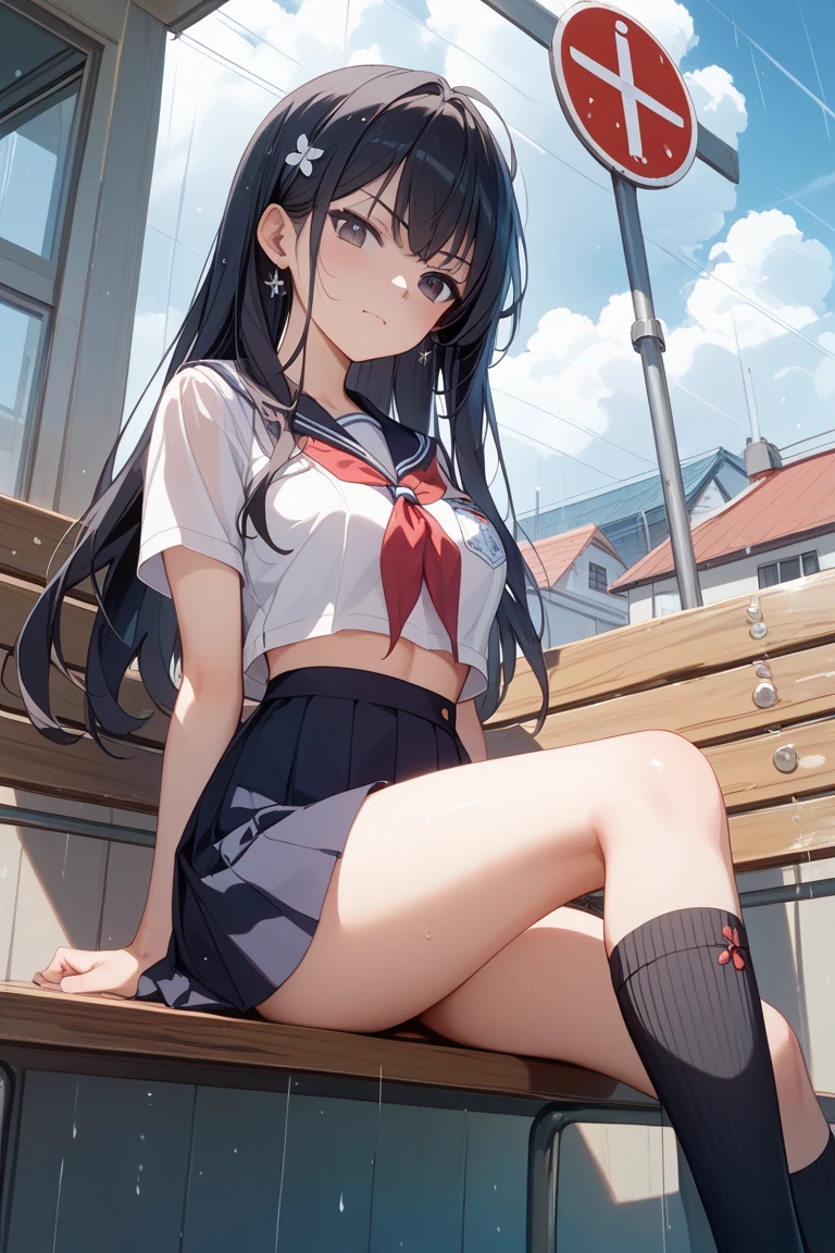 Highest image quality、Sailor Mars、beautiful feet、((slender))、miniskirt、train、trainの4人掛けボックスシートに座っている、((Composition seen from the side))、((Composition looking down from above))、((big breasts))、((The nipple protrusions push up the uniform))、cropped tops、You can see her cleavage while wearing the uniform、short sleeve、barefoot、((Wearing mules))、thin legs、((Sit with your legs thrown out in front of you without bending your knees))、Eyes are not looking at me、