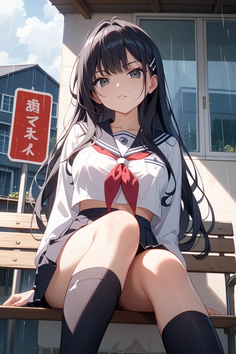 score_9, score_8_up, score_7_up ,source_anime masterpiece, best quality, perfect anatomy , very aesthetic , official art,BRAKE
1girl, bag, black hair, black sailor collar, black skirt, black socks, blue sky, bow, bowtie, cloud, cloudy sky, collared shirt, day, hair between eyes, hair ornament, hairclip, long hair, long sleeves, looking at viewer, neck ribbon, outdoors, parted bangs, pleated skirt, red bow, red bowtie, red eyes, ribbon, sailor collar, school uniform, serafuku, shirt, sidelocks, skirt, sky, socks, solo, squatting, tree, very long hair, white shirt, yellow eyes