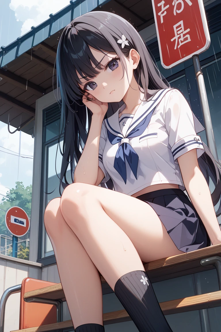 city bus stop elementary school girl 8-year-old flat chest black hair long hair eyes are purple ((1 person)) White upper body long sleeve sailor uniform Lower body navy blue miniskirt white panties white socks sports boots standing at the bus stop spread your legs a little((I can see white panties)) from the front dynamic angle Low - Angle