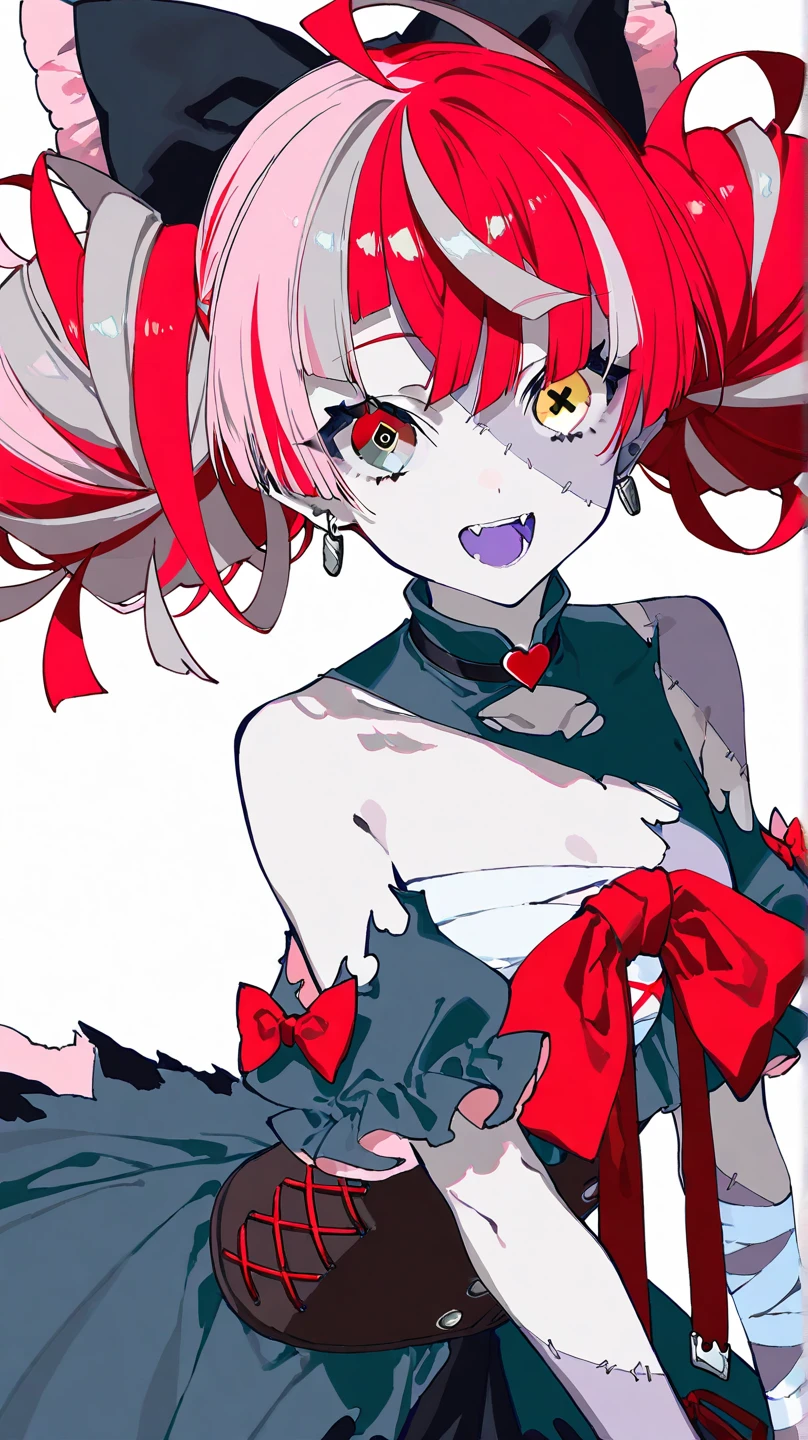 masterpiece, best quality, <lora:banpaiakiraXL_ANI31_lokr_V3236:0.95> 1girl, solo, flower, thorns, hair ornament, rose, white background, red nails, red flower, hair flower, red dress, looking at viewer, red rose, bare shoulders, simple background, blue eyes, parted lips, dress, index finger raised, bangs, grey hair, collarbone, upper body, makeup, red hair, detached collar, red eyeshadow, nail polish, facial mark, multicolored hair, red ribbon, virtual youtuber, ribbon, eyeshadow