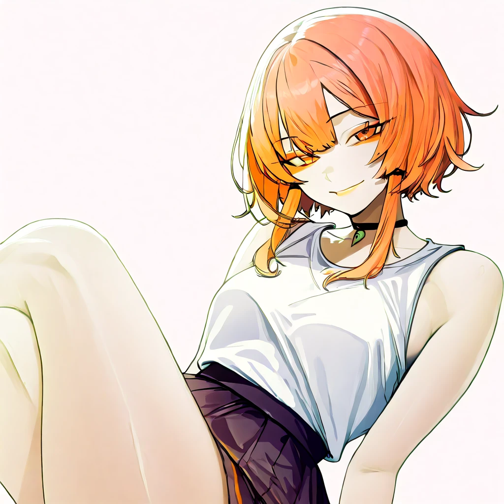 Big butt orange hair brown skin anime girl sitting on pink bed with tongue sticking out