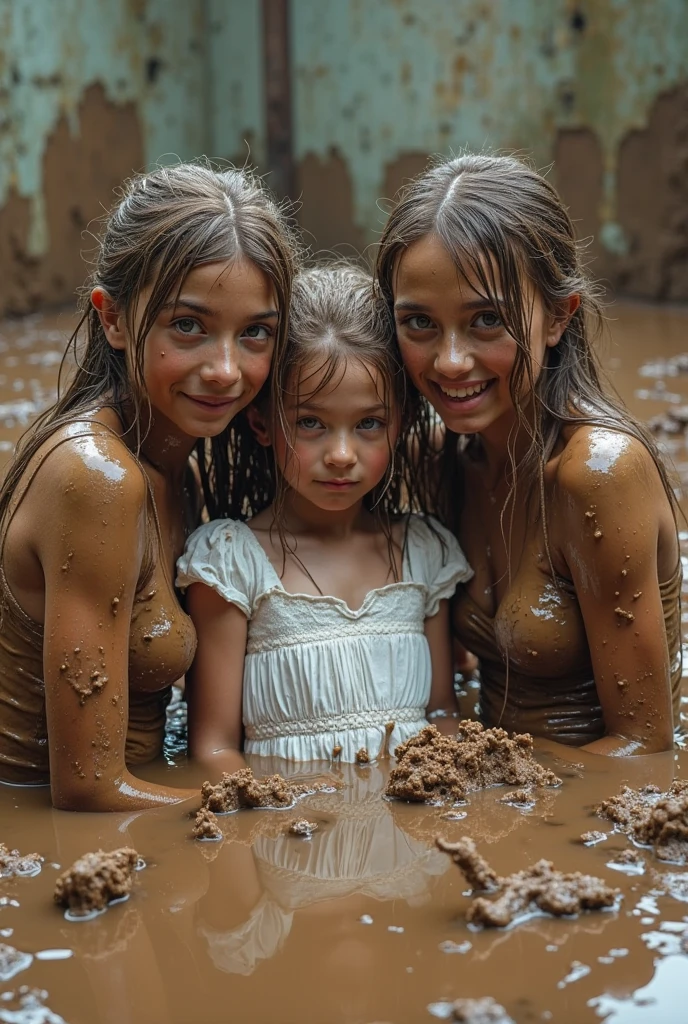 Some gorgeous girls diving under water, all beautiful, baby faces, happy girls,, 160 height, white skins, ((adorable:1.3)), ((masterpiece:1.1)), looking to viewer, beautiful brown messy hair, full naked, nude,tiful breast, in natural deer in the hazy forest, there is a drowned ancient shrine behind, full body shot, underwater