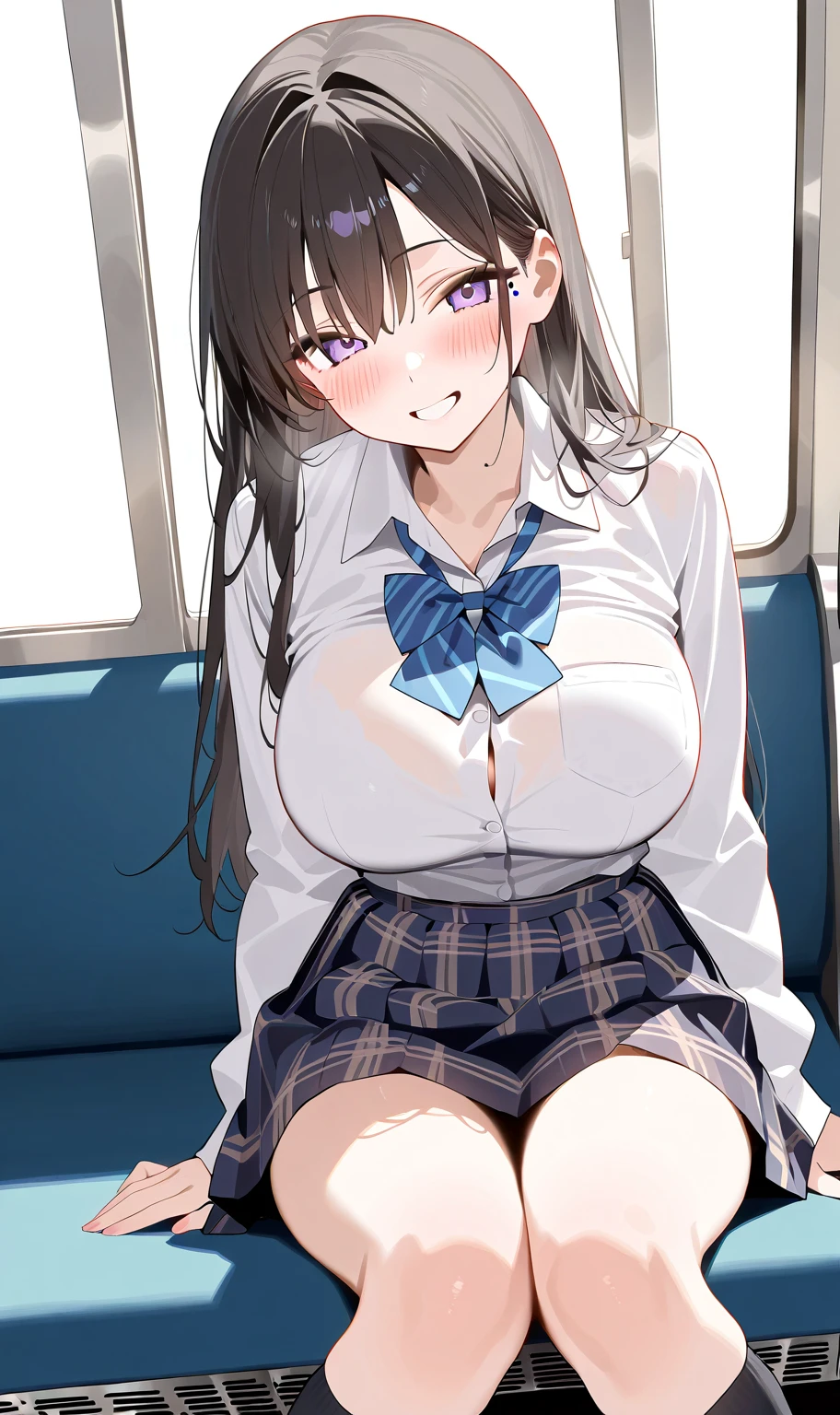 Cinema Lighting、Highest quality、sitting on a park bench、、Photo taken from outside、female、Age 25、Black Hair、long hair、Straight Hair、White collared shirt、Button up、Navy blue pleated skirt、Brown boots、 femaleの子、Pink Panties、Spread your legs、汗y、Huge breasts