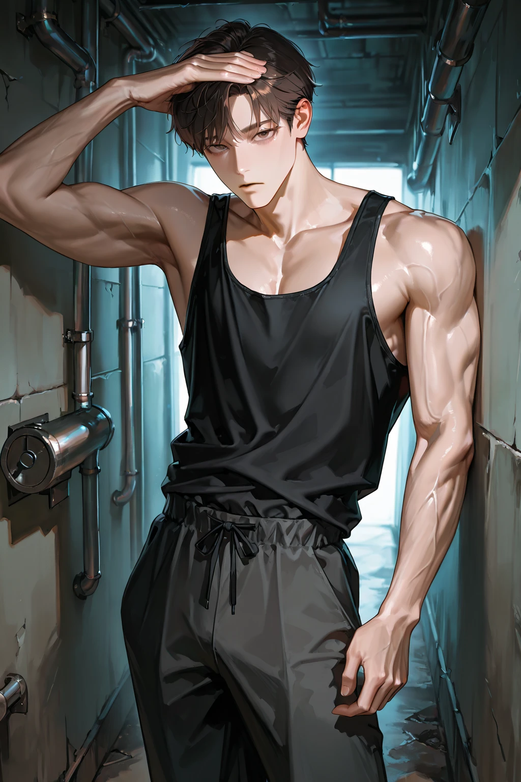 (absurd, high resolution, very detailed, hdr), masterpiece, best quality, amazing boy, detailed face, nakedness，Abs，professional photography, The alaped man did not wear a shirt, Stand comfortably，stand on all fours，full body photo，upper leg，small thighs，long legs with legs apart, Focus on your audience,18 years old 소년, amazing boy, [ a well-defined body ]，With fair skin，the light is even，soft shoulders，clavicle，short broken hair，youth，18 years old，slim young handsome man，white socks，Crotch sticks out，8팩 Abs，high quality，high details，amazing，really，big protrusion，The upper body is naked in the bathroom， vivid colors， Sexual tension， Grease gloss， cinematic lighting ， wide angle， masterpiece， best quality， Ultra-detailed， 16,000，