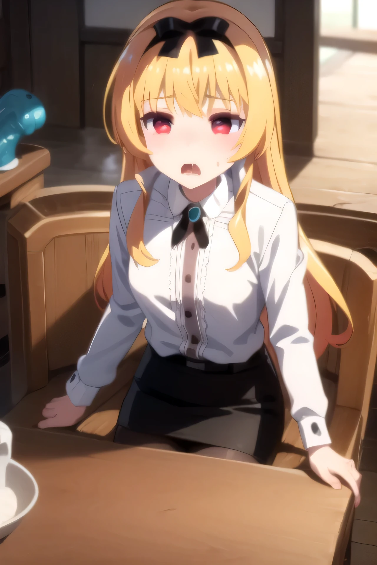 ((masutepiece, hight resolution,depth of fields, 4K,nffsw,))),Sawamura Spencer Eri々,a blond,Twin-tailed,length hair,Beautiful blue eyes, Girl farting from ass,You are smelling bad smells,Yellow smoke,Classroom during class,Girl sitting on a chair and taking class,Girl fart,Lori