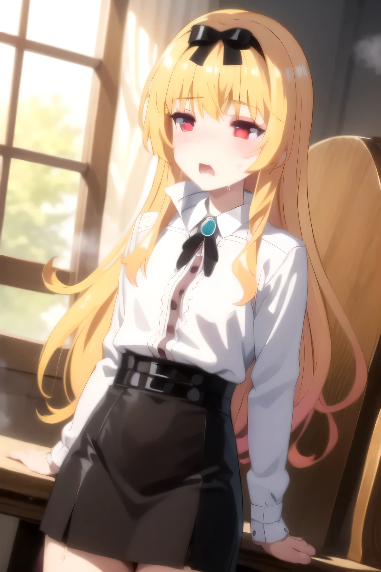 1 girl on break day、winter、wind、Floating Hair、masterpiece、Highest Quality、female orgasm、man soup、ahe face、Steaming body、 blush all over face 、extreme detail、masterpiece、1 dildo、cute face、 fine eyes、、ヘアribbon、ribbon、黒いribbon、headband、、long hair、Blonde Hair、red eyes、Medium breast、collared shirt、bare 、Black Mini Skirt、sweating、 shiver、orgasm face、Vaginal dildo、very detailed