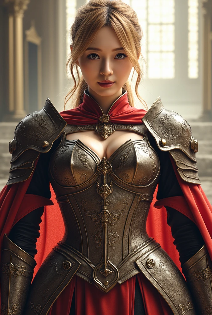 ((8k, Highest quality:1.2))、((masterpiece)), Beautiful woman, (Attractive Russian Model:1.0)、(((Red Armor)))、(((Holding a sword)))、((Ready your sword))、((Colorful armor))、((Western image))、((Background European castle))、(Strong muscular body), (Golden Hair),(((female knight)))、 Braid、Disheveled Hair、feet, (High fantasy battlefield environment), High resolution, (Skin Texture:1.1), Highest quality, 超High resolution, (Realistic: 1.4), RAW Photos, By Ellen von Unwerth, Nikon D850 film stock photos, F1.6 Lenses, Rich colors, Bokeh, Sharp focus, Realistic, Cinestill 800, Backlight, Rim Light, Strong sunlight, Realistic, Realistic Shadow, 3d, (Castle Background:1.2),Hair blowing in the wind、Upper Body、 (Leather gloves),Combat Accessories,breastplate、、Voluminous lips、((Big Breasts))、((Huge breasts))、((Perfect Face))、Big eyes、Delicate eyes、((looking at the camera))、belt、Intricately patterned armor、((whole body))、Delicate hands、Uplifting、Are standing、