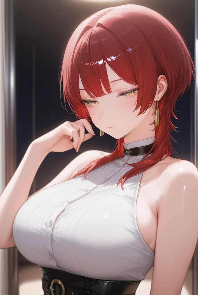 (Highest quality、4K、8k、High resolution、masterpiece:1.2)、Very detailed、Picturesque、Animated Photography、Photo Animation:1.37)、、Japanese women、red hair、long hair、stars ornament、Leaning forward、(Backless)High-neck sleeveless knit dress、(((side boob)))、Put your arms behind your head、Nakano May