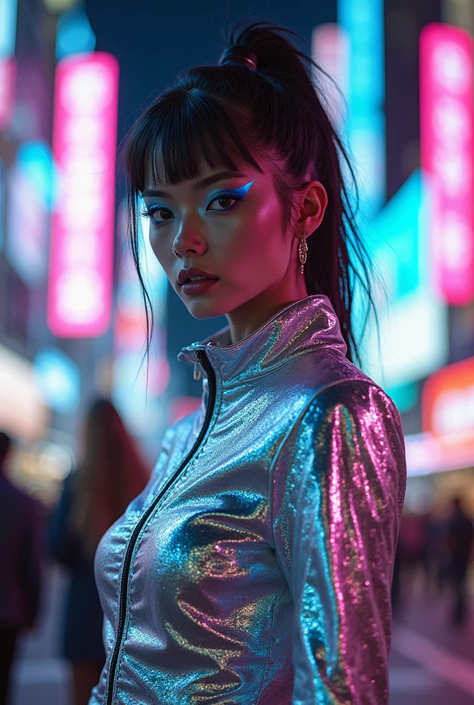 a woman in a purple top in a neon city, in the style of chinapunk, iconic album covers, soft-focus portraits, luke fildes, light amber and silver, exotic, captivating lighting