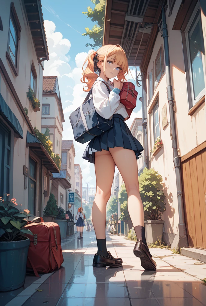 masterpiece, highest quality, High resolution, kitagawa marin sb, The centre of gravity is at the rear, 1 girl, blonde hair, long hair, colorful hair, red eyes, jewelry, earrings, earrings, , white shirt, tide shirt, black choker, blue tie, plaid skirt, (full body), white panties,(show panties:1.3), (panty shot:1.3), ((the chest of the shirt is open)), outdoor, shopping
