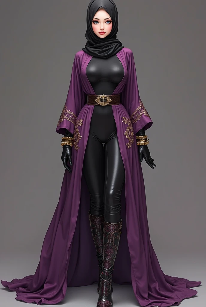 (Full length body) photo stunning (hijab)1.2 woman solo, semi-open strawberry lips, dimples, wistful look, (extra long wavy [brown|blonde:0.5] hair), ((detailed face)), ((detailed facial features)), (finely detailed skin), perfect thighs and legs, pale skin, (deep neckline detailed high-tech cyberpunk tight  dress), (high stockings), stiletto pumps, standing legs parted, front view, cyberpunk megacity oriental Arabic Persian city, hanging garden background, (cool colors), lace silk cotton fabric, reflections, (masterpiece) (perfect proportion)(realistic photo)(best quality)  (detailed) shot on a Canon EOS R5, F/2.8, HDR, (8k) (wallpaper) (cinematic lighting) (dramatic lighting) (sharp focus) (intricate), RAW photo, stockings straps, stiletto, arms back, 8k uhd dslr, Fujifilm XT3, extremely detailed, photorealistic, incredibly absurd, highly detailed,  Sharp Focus, (Professional Studio Lighting), (Professional Color Grading), Edge Lighting, Dramatic Lighting, Cinematic Lighting, Lumen Reflections, Soft Natural Lighting, Soft Color, Photon Mapping, Radiosity, (Beautiful Eyes), (Detailed Eyes), (Detailed Face), Symmetrical Eyes, Sharp Eyes, Cold Face, Full Body, Model Photo, Cinematic Photo, slim Bodybuilder