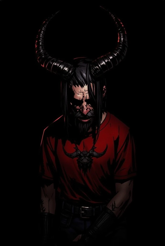 Add curly black hairs and a horn on head with the background of dark red sky