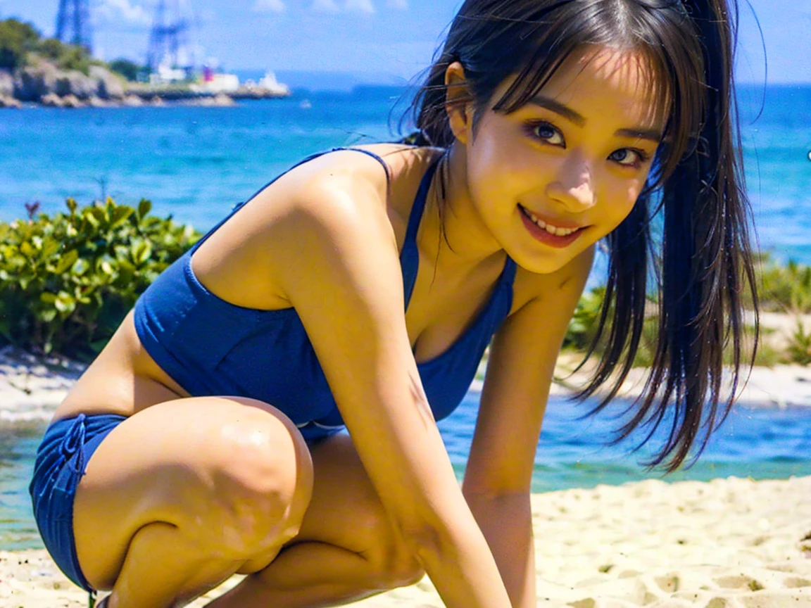 Photos of cute 18 year old Japanese girls、1 girl、bikini、smile、(squatting, spread legs:1.4)、beach
