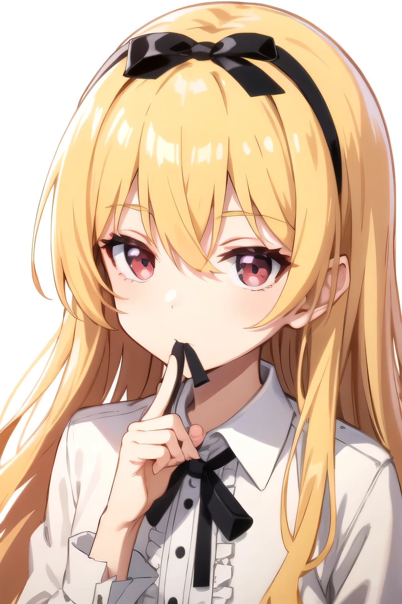 mature man、tall man who looks like a college student、tall、long legs、adults、muscular、portrait、soloフォーカス、solo、close-up、(white background、 earthless background、simple background:1.3)、arifureta_yue、girl 1 person、long hair、solo、Blonde Hair、 Red、Viewers' Perspective、ヘアribbon、ribbon、黒いribbon、headband、shirt、hair between eyes、upper body、anime coloring、bungs、白いshirt、ribbon、mouth closed、very long hair、黒いribbon、gem、黒いheadband、brooch、Outdoors、襟付きshirt、 frill