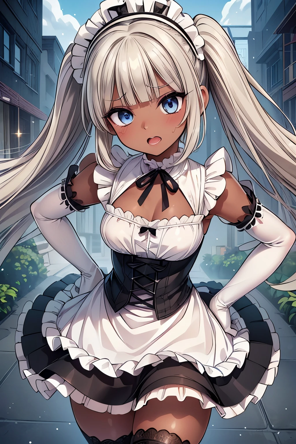 1girl, Baby face:1.5, cute:1.5,
break
((Black and White)Maid outfit : elegant + (Victorian Maid Outfit ) + (white frilly headdress with fighter wings:1.2) + (white ruffle apron) + (black corset) + (black lace trim elbow gloves:1.2) + (Long skirt:1.2)),
(Black Lace Trim Knee High Stockings:1.4), (black shiny high heels),
((black choker)),
((dark skin:1.6)),
break
((platinum blonde hair:1.2), (blunt bangs:1.2), (twin tails : Bundle at a high position + Curly hair + soft textured hair):1.2),
((small breast), (slim)),
((dark eyes:1.3), (droopy eyes:1.4), (eye highlight:1.2), (twinkling eyes:1.2)),
((thick black eyeliner:1.3), (thick bluish eyeshadow:1.3), (False eyelashes:1.3), (thin eyebrows:1.3), (glitter eyeshadow:1.3), (Under eyeliner:1.3)),
break
((Western-style building, Flowery Gardens, blue sky)),
((walk:1.2, put your hands on your hips)),
Cowboy Shots,
angle from before,
break
(blushing:1.3), (half-closed eyes:1.3), ((open mouth:1.2, lustful expression, lewd expression, ecstatic expression, pleasure face, Lewd Face):1.2),
break
symmetrical face, detailed face,
beautiful hair, shiny hair,
double eyelids, Thin eyebrows,
detailed eyes, beautiful eyes on my stomach, Shining Eyes,
glossy lips, beautiful lips,
detailed skin, beautiful skin,
break
(best quality), (master piece:1.3), (ultra detailed), (photorealistic:1.3), 16k, 1080P, Full HD, extremely detailed CG, realistic, anatomically accurate, anime, 2D,