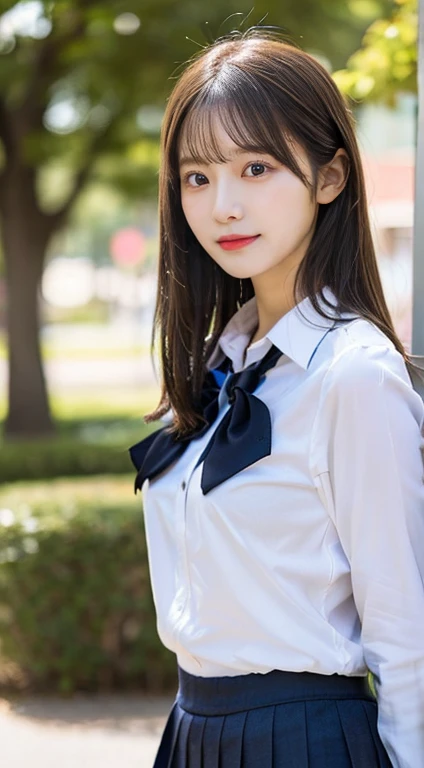 (Highest quality、Ultra-high resolution、８ｋ、masterpiece:1.3)、Beautiful woman with perfect figure:1.4、Black Hair、(ponytail)、((((School Uniform))))、Big eyes、Flashy uniforms、（high school girl）、(Navy blue pleated skirt)、Ultra mini skirt、（(((Angle from below)))、A beautiful woman、Schoolカバン、Highly detailed face and skin、Detailed eyes、Shiny thighs、double eyelid、Thin legs、The best smile、(((１people)))、Beautiful views、School、beautiful place、The best smile、Extraordinarily beautiful girl、Age: 16、Perfect Proportions、whole body、((blue sky))、Baby Face、Touch your hair with your hands、The wind is blowing、wave hands、((I can see her panties))、(White panties)、(((Skirt that flips up)))、