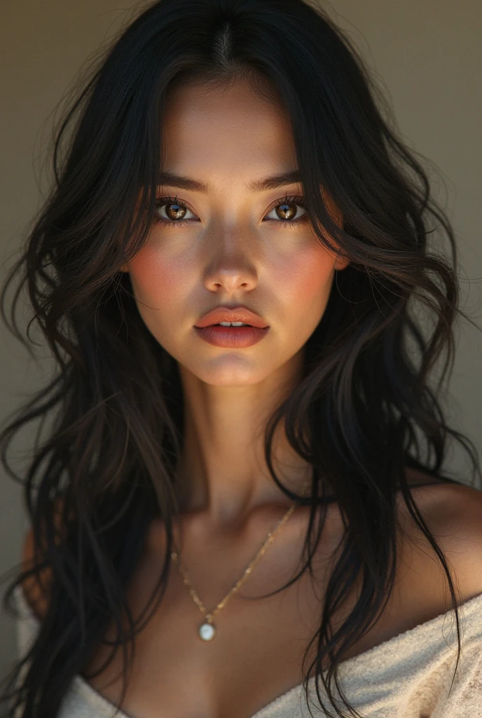 a beautiful actress, very long hair below the waist, mirrored black eyes. exuberant beauty