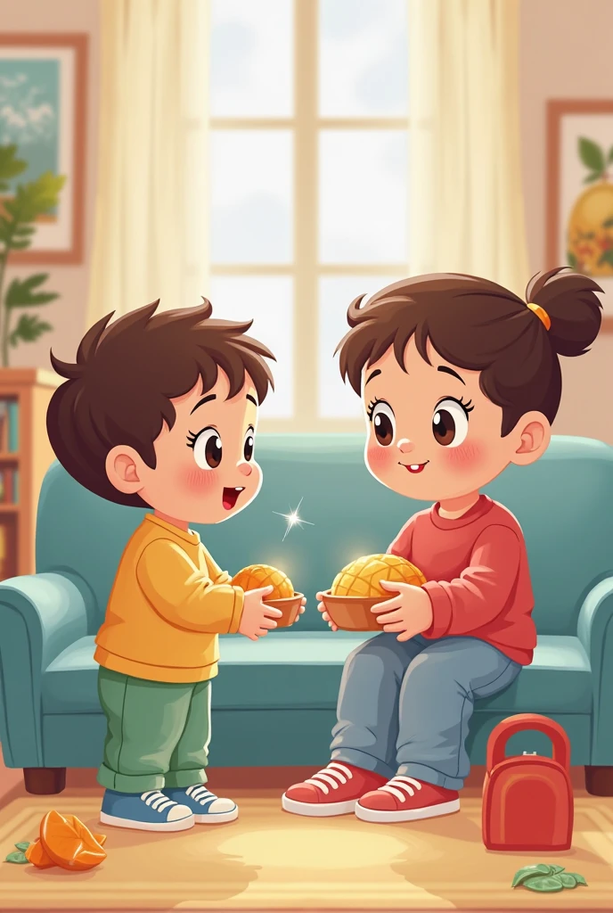 Two children sitting and another child shares his cookie with them