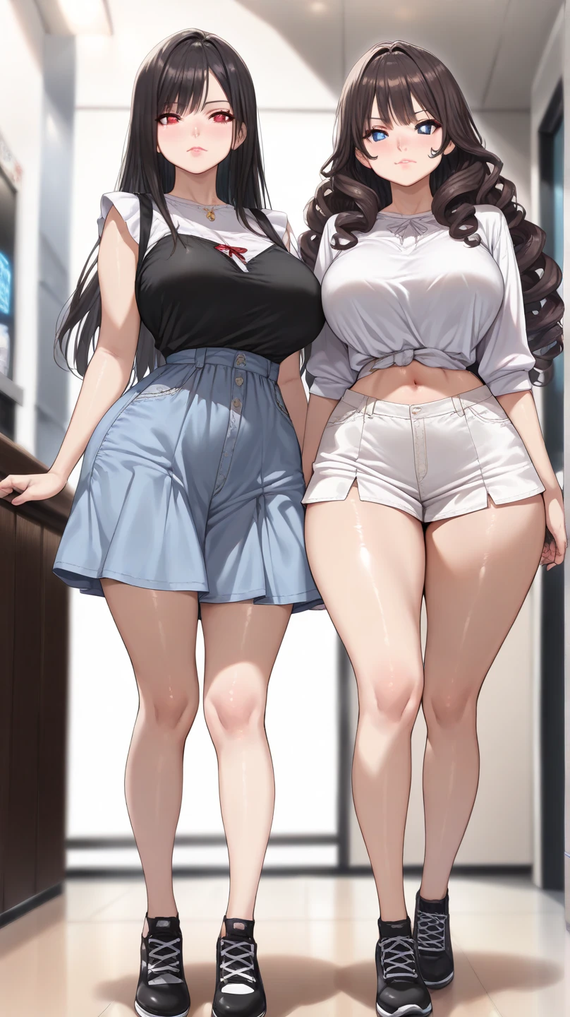 dark eye liner, sharp eyes, thick black hair, semi goth, black eyes, white tshirt, thick thighs, dolfine shorts, small breasts, shoulder length hair,wide hips, thick thighs, small torso, small upper body, dominant, indoors, on knees on bed, 