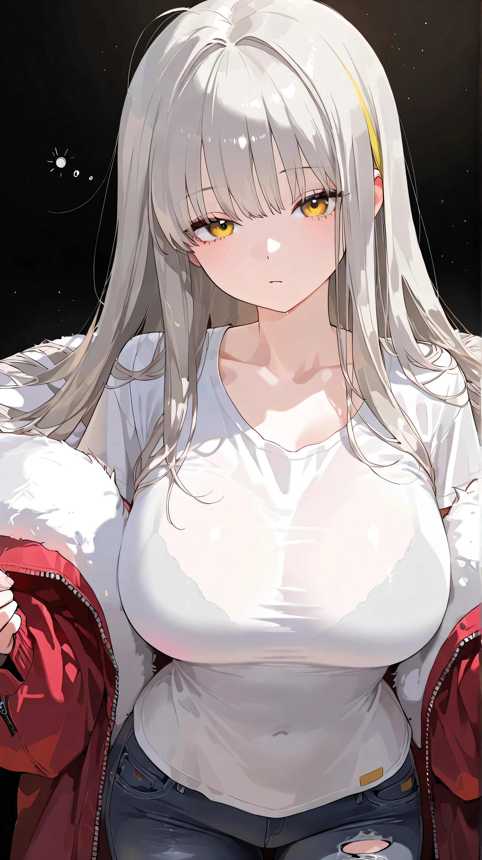 (High Definition:1.3), (Professional Photography:1.2), (very aesthetic:1.2), (absurdres:1.2), (sharp focus), (perfect light), 2girls, anatomically accurate,  catgirl, enormous size, silvery long white hair, fiery red eyes, black cat ears, black swaying tail, voluptuous figure, large breasts, (giant black tank bra), red windbreaker jacket,  shy-seductive face, seductive allure, endearing formidable, street, Tokyo, wall, laying on the wall, crossed arms, (Anime:1.3), cowboy shot, ((Masterpiece)), ((best quality)), (super detail:1.2)