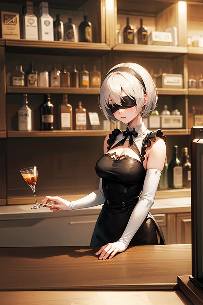 beautiful mechanical woman, solo, (half closed eyes, green eyes), (masterpiece eyes:1.3), BREAK, seductive smile, (mechanical skin:1.1), (exoskeleton leotard:1.3), (bare arms and shoulders:1.3), (cleavage, exposed groin), BREAK, (long eyelashes, red lips), bowtie, rabbit ear headphones, rabbit tail, wrist_cuffs, (blonde hair, bob cut), (forehead:1.3), BREAK, Flat_Chest, Huge_breasts, wide_lower back, (5fingers, 4fingers and 1thumb), BREAK, cyberpunk, (bar), bar counter and round chairs, wine, whiskey, bourbon, neon signboard, professional lighting, best quality, masterpiece, ultra detailed, captures a super cute moment, depth of field, ultra high resolution, fine details, 16k wallpaper,