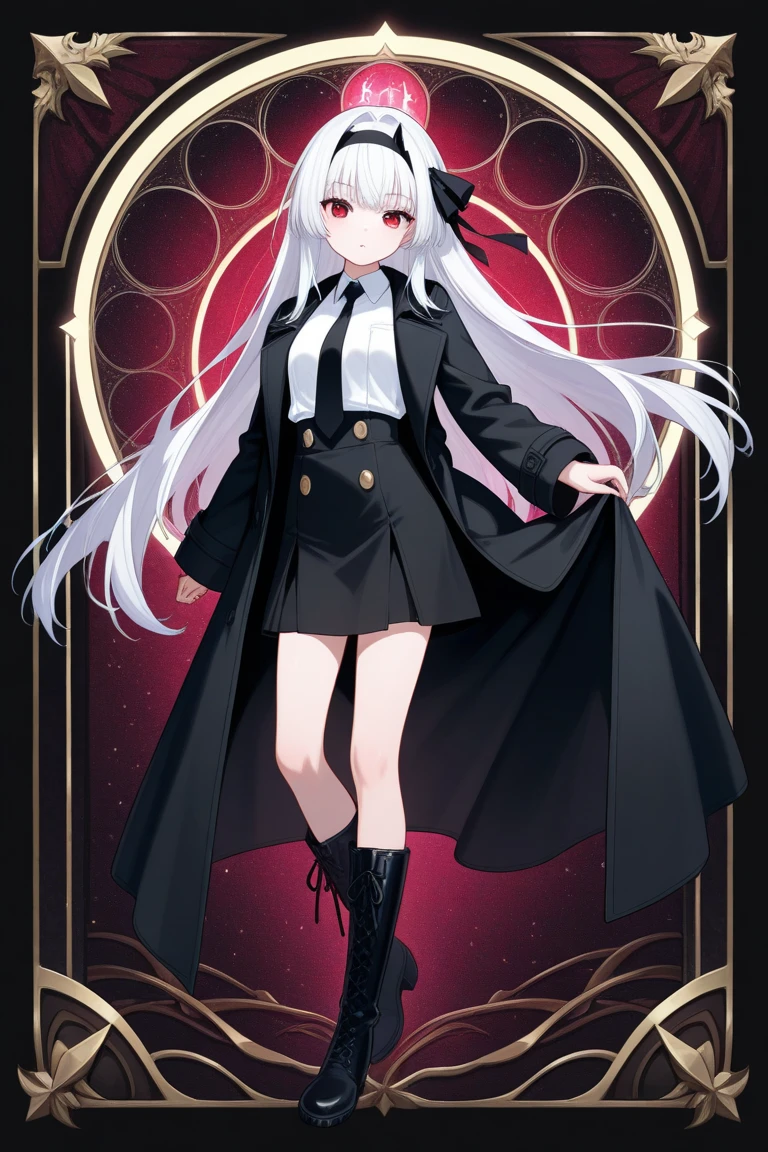 One girl, Gray Hair, Super long hair、Red eyes, (White eyelashes:1.2), Dressed like a casino staff member、Black jacket、Top Hat、Very thin body、I have a walking stick、Ahoge、tie、skirt、belt、High resolution, Highest quality, Very detailed, Ultra high definition,