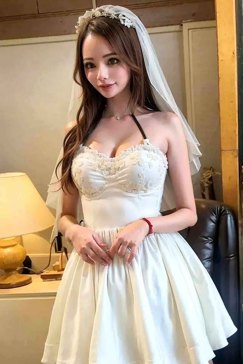((best quality)), ((masterpiece)), (detailed), perfect face, american wedding dress, 4K, Big Boobies, straight hair, blue eays, red lipstick, Smile, white body, full body, wedding Crown on hed, costly wedding decoration, happy body language