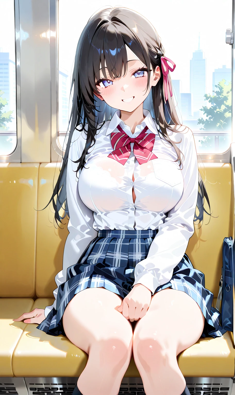 high school student、Women、School classroom、(Big Breasts)、smirk、curvy、(((((1 girl)))))、(from below)、With a cheek cane、