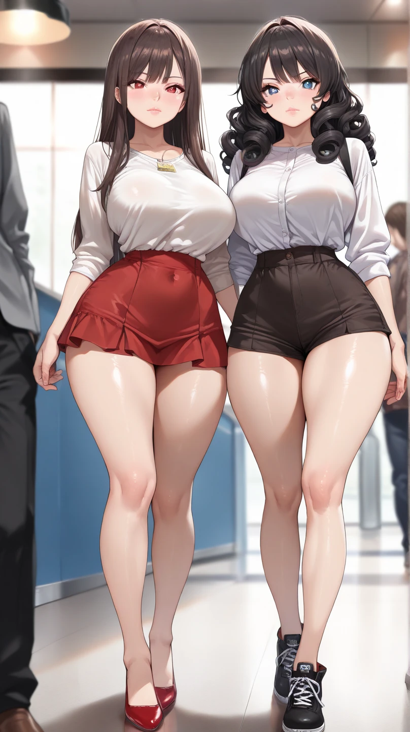 2girls,lineup,side by side,black hair,light eyes,(leg,up:1.3),cowboy shot,masterpiece,best quality,very aesthetic,absurdres ,(Lace panties:1.2),(standing,leg up),(split)