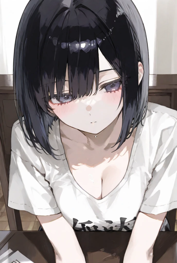Highest quality, girl, thought, Sitting, Sitting on the floor, View your viewers, short hair, Black Hair, Pale skin, slim, T-Shirts, mole, White Background, cute, anime, Full Body Shot, from the front, From below