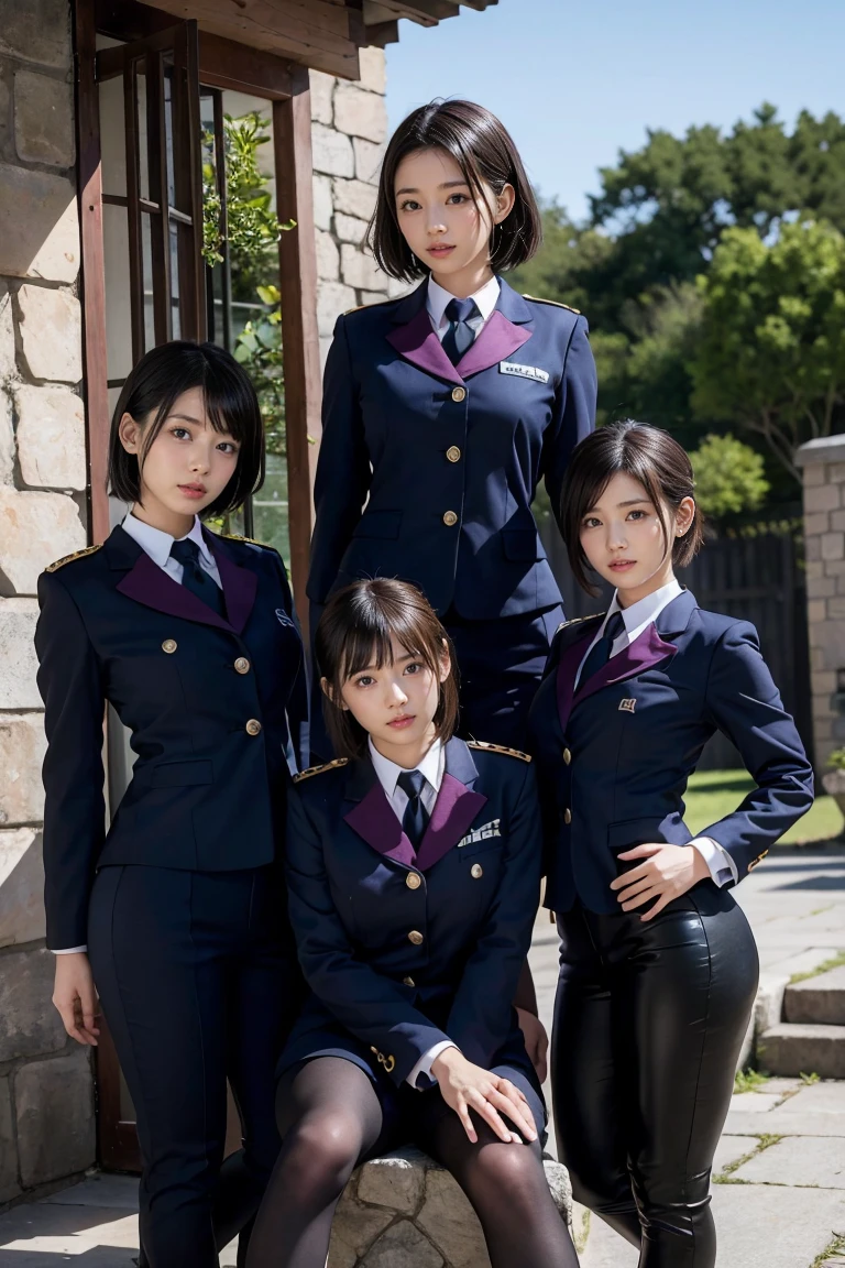 ((Japan Beauty))18year old、childish、Bob Hair、bob cuts、(Full body shot 1.5)、A dark-haired、8K、Super beautiful、masterpiece、a beauty girl、cups(((Russian face 1.8)))beautidful eyes、thin lipss、(smile1.3)、posterior view、long boots、Wear long black boots、Background in the city、Intersection in the background、Background building、real looking skin、Beautiful skins、A mischievous smile、Super beauty、childish、Brown eyes、japanes、Turned、collateral、Constriction of the lower back、Tight buttocks、small ass、stick out buttocks、Rimless glasses、Glasses、put on glasses、Turn your back to us、Wearing military uniforms、troop、Wearing a military uniform、Wearing a uniform、Black military uniform、Military Personnel、Holding a military sword in his left hand、Army uniform、