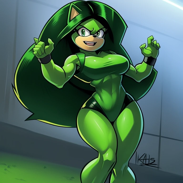 Mint_Skarpworld, gerph, very short hair, green hair, aqua hair, big eyes, small breasts, o3o, puckered lips, [green lipstick], (wide hips), thick thighs, black bunny outfit, bowtie, rabbit ears, rabbit pose, standing, full body, smile
