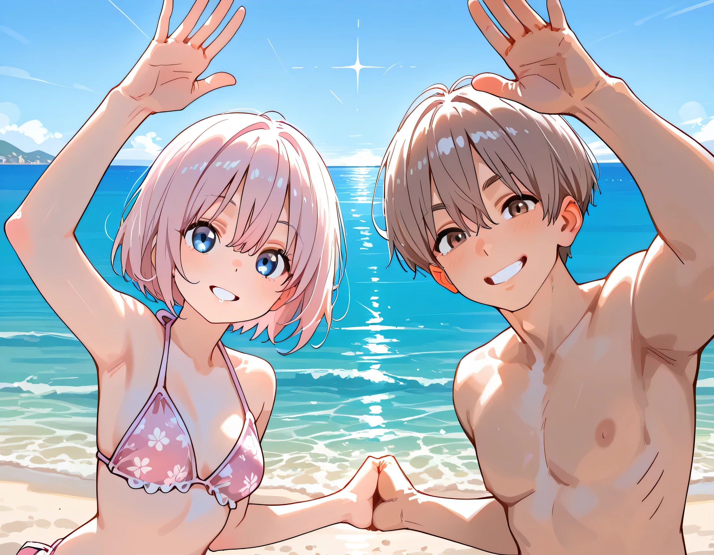 Disorganized、Man and woman couple、highest quality、Masterpiece、Official Art、16K、The best composition、The best light source、The girl has milky white hair with purple inner color, twin long braids, and is wearing a black and purple bikini.、The man had short milky white hair and was wearing white and light blue swimming trunks.、Midsummer Sea、Water Splash、Smiling and splashing water on each other、