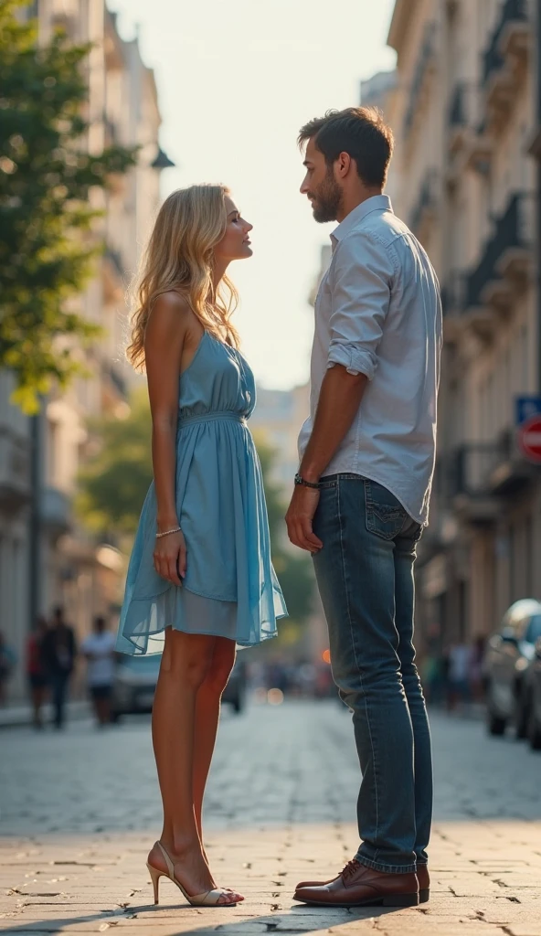 A blonde girl with blue eyes and a black dress, next to a boy in blue jeans and a white shirt posing for a photo, both looking into each other&#39;s eyes

