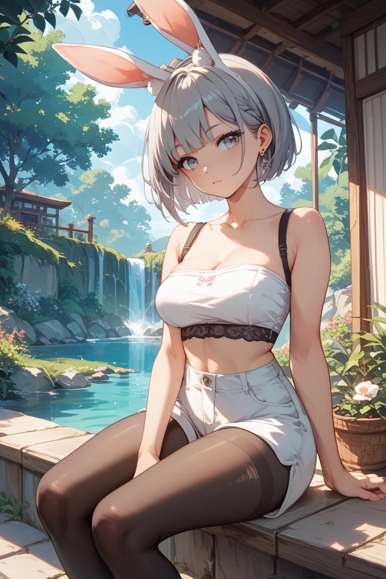 Looking over a fence, you see a girl with short white hair and flat chested with beautiful lips and glistening smooth midriff lying on a bench, naked. Beautiful woman, nude. Stretching, sweaty